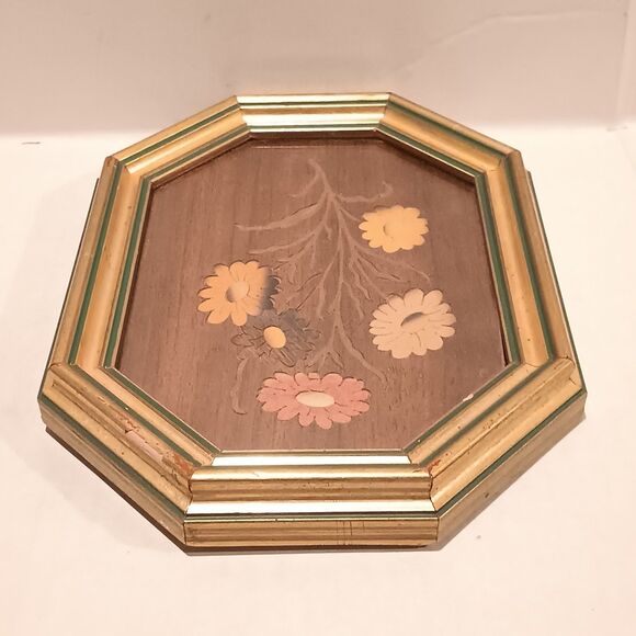 Vtg Mayflower Sorrento Inlaid Wood Framed Art-Floral-Octagonal-Marquetry-Italy - Picture 4 of 12